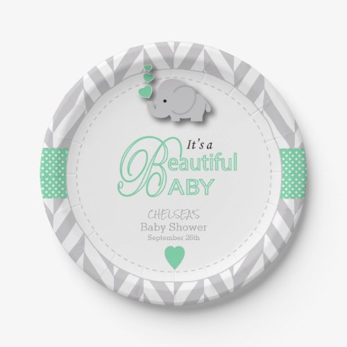 Green White Gray Elephant Baby Shower Paper Plates