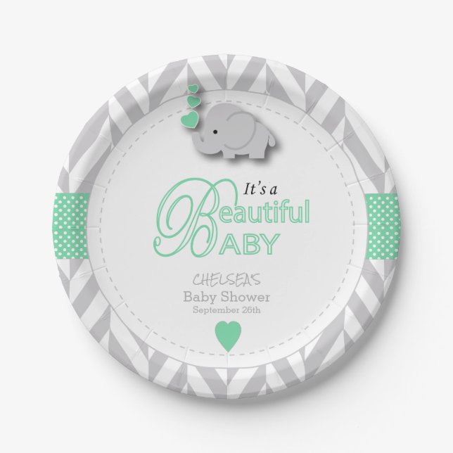 Green, White Gray Elephant Baby Shower Paper Plates (Front)