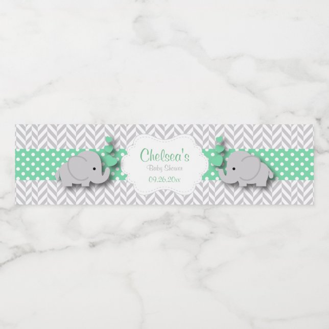 Green, White Gray Elephant Baby Shower Water Bottle Label (Single Label)