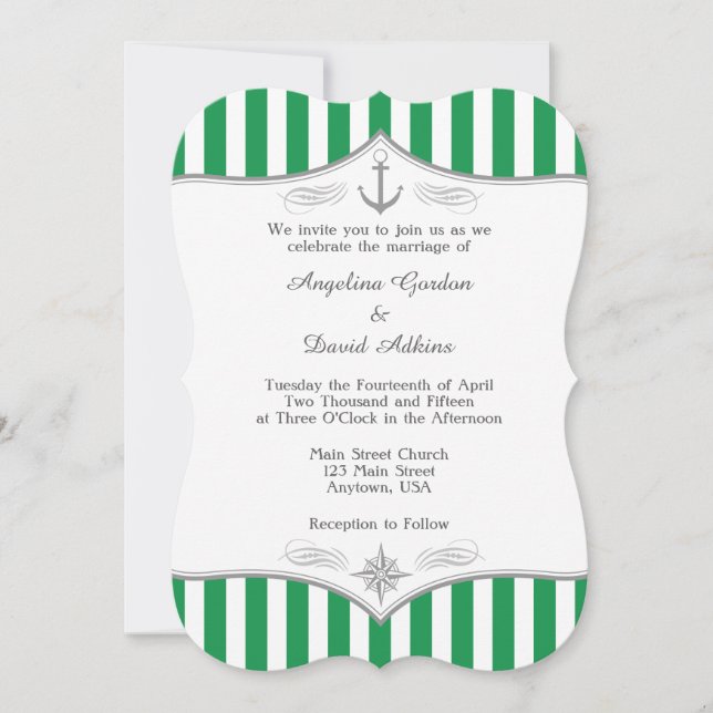 Green White Gray Nautical Wedding Invitation (Front)