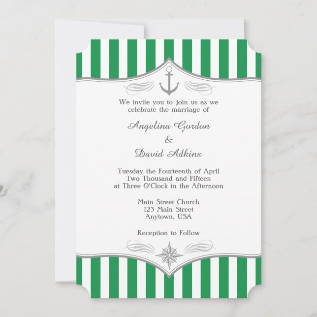 Green White Gray Nautical Wedding Invitation (Front)
