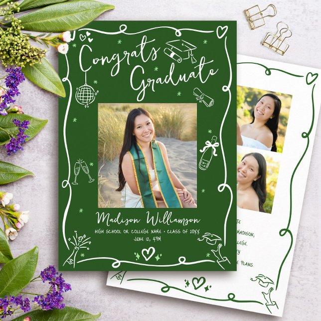 Green White Hand Drawn Doodles Graduation 4 Photo Announcement (Creator Uploaded)