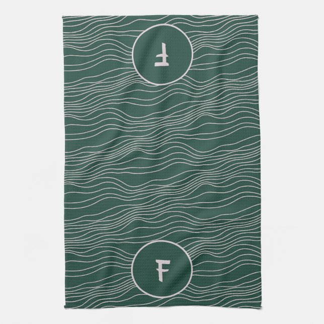 Green White hand drawn wavy line monogram dish Kitchen Towel (Vertical)