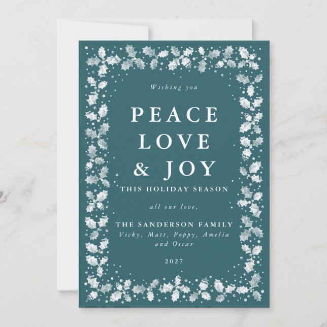 Green+White Hand Printed Holly Leaves Border Flat Holiday Card (Front)