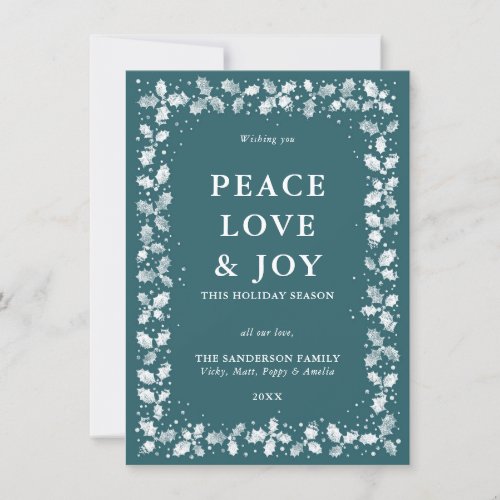 GreenWhite Hand Printed Holly Leaves Border Flat Holiday Card