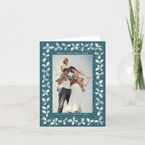 GreenWhite Hand Printed Holly Leaves Photo Frame Holiday Card