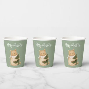 Green White Happy Bear Christmas Tree Paper Cups