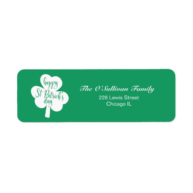 Green & White Happy St. Patrick's Day Shamrock Label (Front)