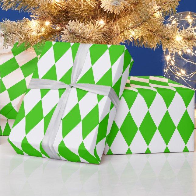 Green White Harlequin Diamonds Checkers Design  Wrapping Paper (Creator Uploaded)