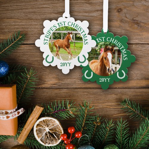 Green White Horseshoes Foals 1st Christmas Ornament Card