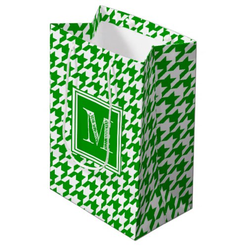 Green White Houndstooth  Modern Monogram Medium Gift Bag