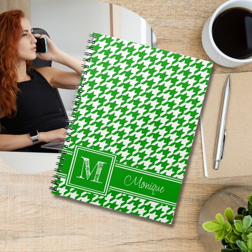 Green White Houndstooth  Modern Monogram Notebook