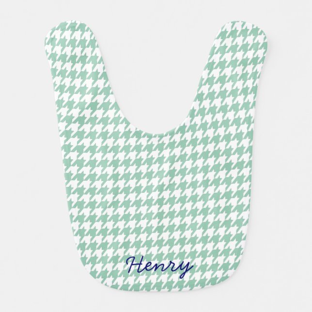 Green & White Houndstooth Monogram Baby Bib (Front)