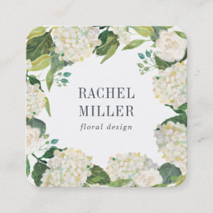 Green & White Hydrangea Wreath Square Business Card