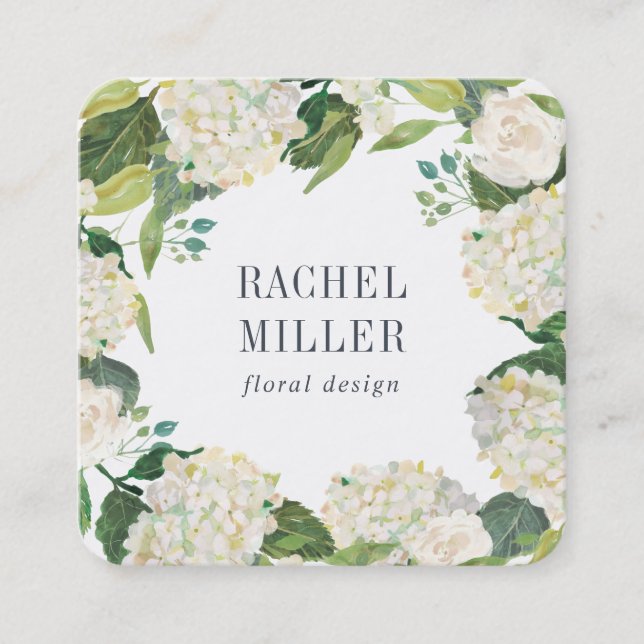 Green & White Hydrangea Wreath Square Business Card (Front)