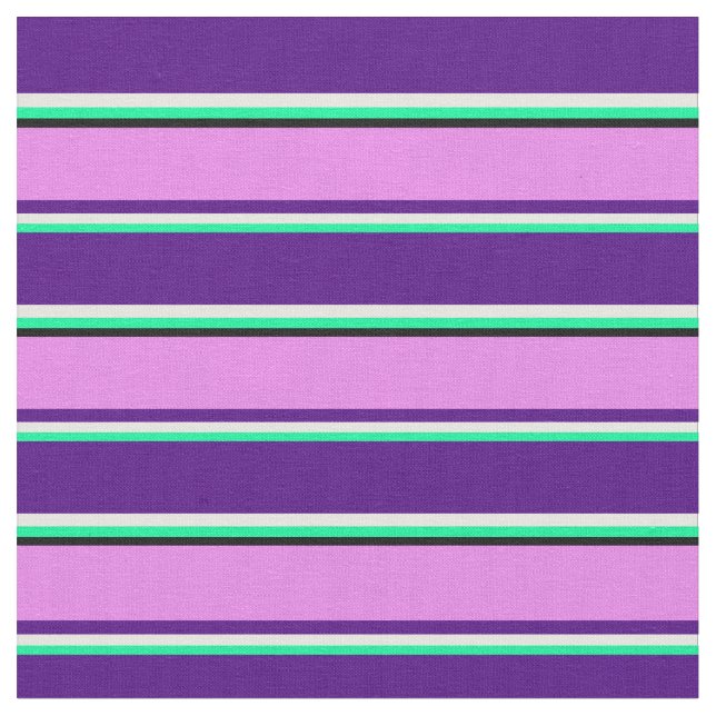 Green, White, Indigo, Violet & Black Stripes Fabric (Close Up)
