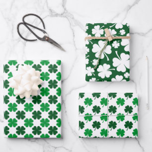GREEN & WHITE IRISH CELTIC SHAMROCKS & PATTERNS WRAPPING PAPER SHEETS