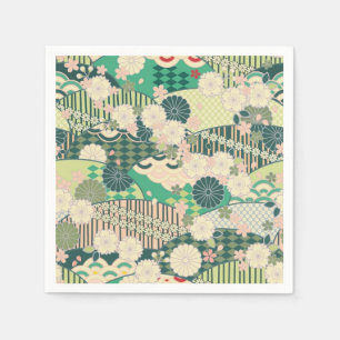 Green White Japanese Kimono Floral Decoupage Paper Napkins