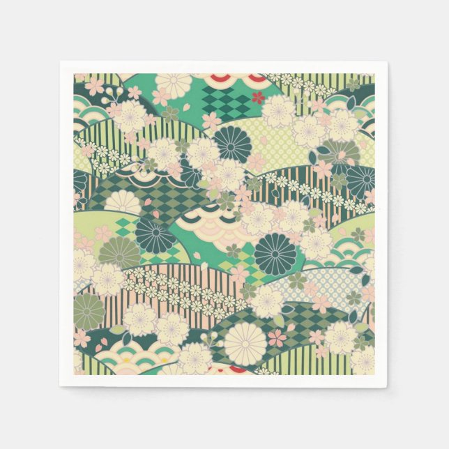 Green White Japanese Kimono Floral Decoupage Paper Napkins (Front)