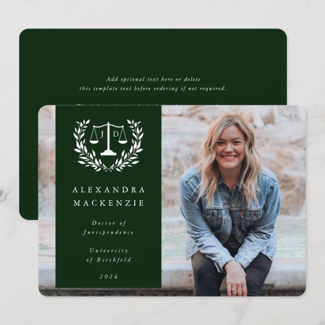 Green + White JD Law Scales Laurel Wreath Photo Announcement (Front/Back)