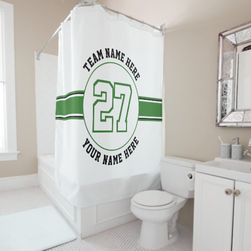 Green white jersey number team player name sports shower curtain