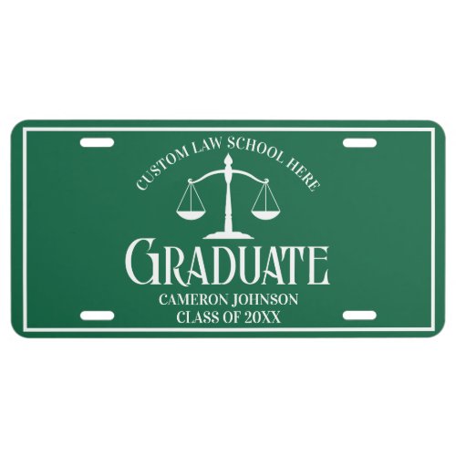 Green White Law School Graduate License Plate