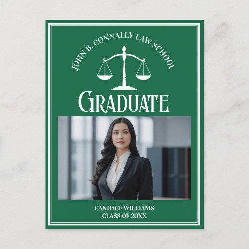 Green White Law School Photo Graduation Announcement Postcard