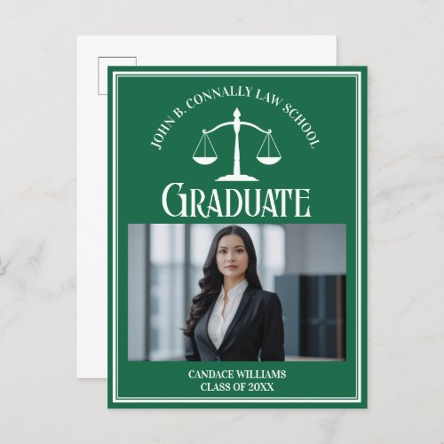 Green White Law School Photo Graduation Announcement Postcard