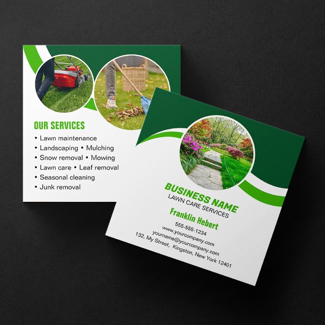 Green White Lawn Care Landscaping Mowing 3 Photo Square Business Card (Creator Uploaded)