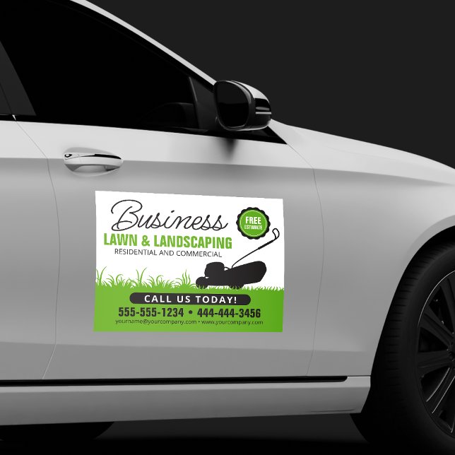 Green white Lawn Landscaping Service Lawncare Mow Car Magnet (Creator Uploaded)
