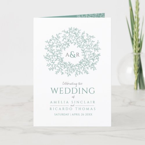 Green white leaf monogram art two tone wedding program