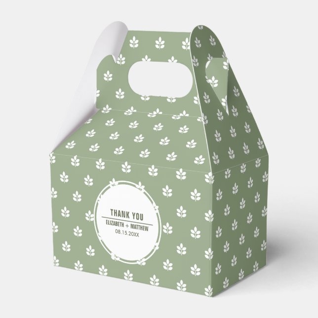 Green | White Leaf Pattern Wedding  Favor Boxes (Front Side)