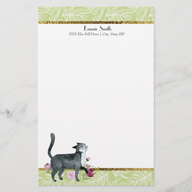 Green White Leaves and Gold Gray Cat Stationery (Front)
