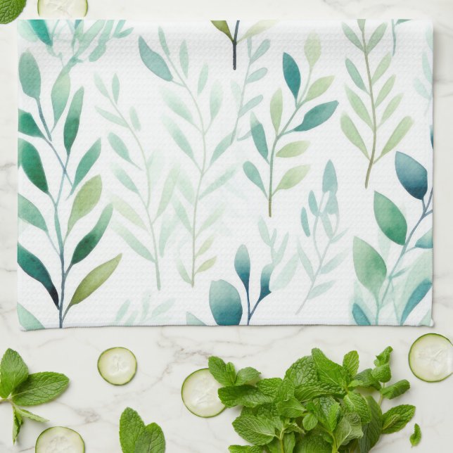 Green White Leaves Kitchen Towel (Folded)