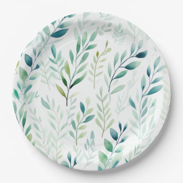 Green White Leaves Paper Plates (Front)