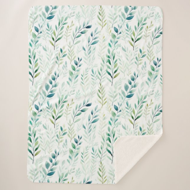 Green White Leaves Sherpa Blanket (Front)