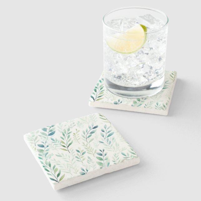 Green White Leaves Stone Coaster (Side)
