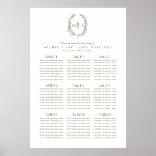 Green white leaves wreath wedding seating chart