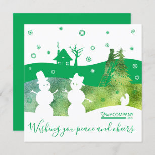 Green, White Logo Snowmen Company Holiday Invitation