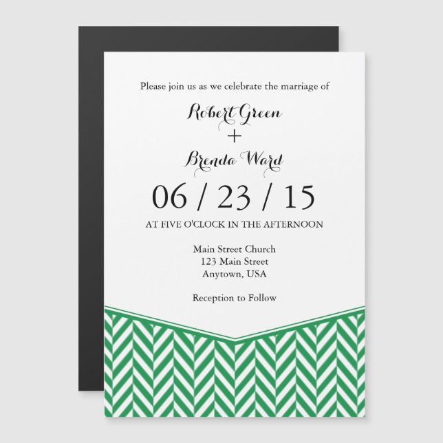 Green White Magnetic Herringbone Wedding Invite (Front/Back)