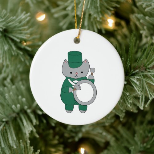 Green White Marching Band Drummer Cat  Ceramic Ornament