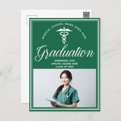 Green White Medical School Photo Graduation Party Postcard