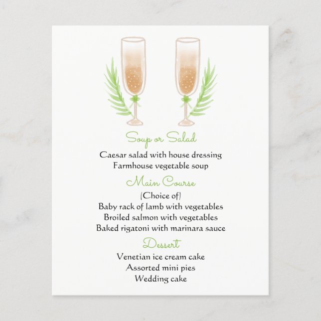Green & White Menu Watercolor Champagne Glasses (Front)