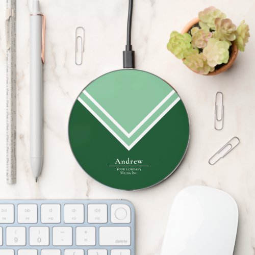 Green White Minimal Monogram  Company Name Wireless Charger