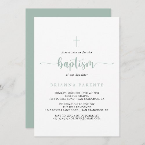 Green White Minimalist Calligraphy Baptism  Invitation