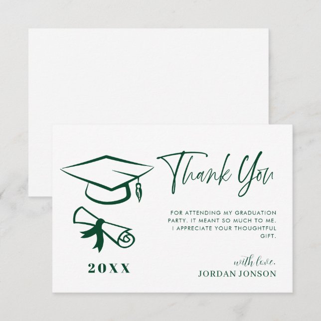 Green White Minimalist Modern Graduation Thank You Card (Front/Back)