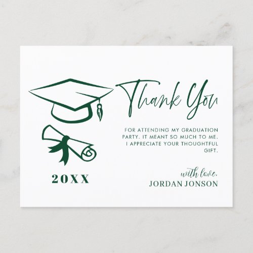 Green White Minimalist Modern Graduation Thank You Postcard