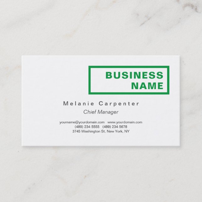 Green White Minimalist Modern Plain Office Business Card (Front)