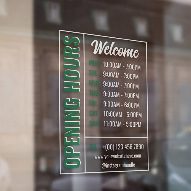 Green White Modern Opening Hours Contact Welcome Window Cling (Creator Uploaded)