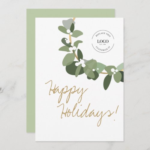 Green White Modern Wreath Business Logo Happy Holiday Card
